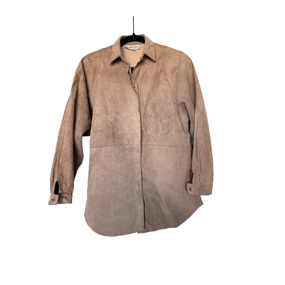 Maglia Womens Tan Genuine Suede Leather Button Down Shirt Shacket Vintage M